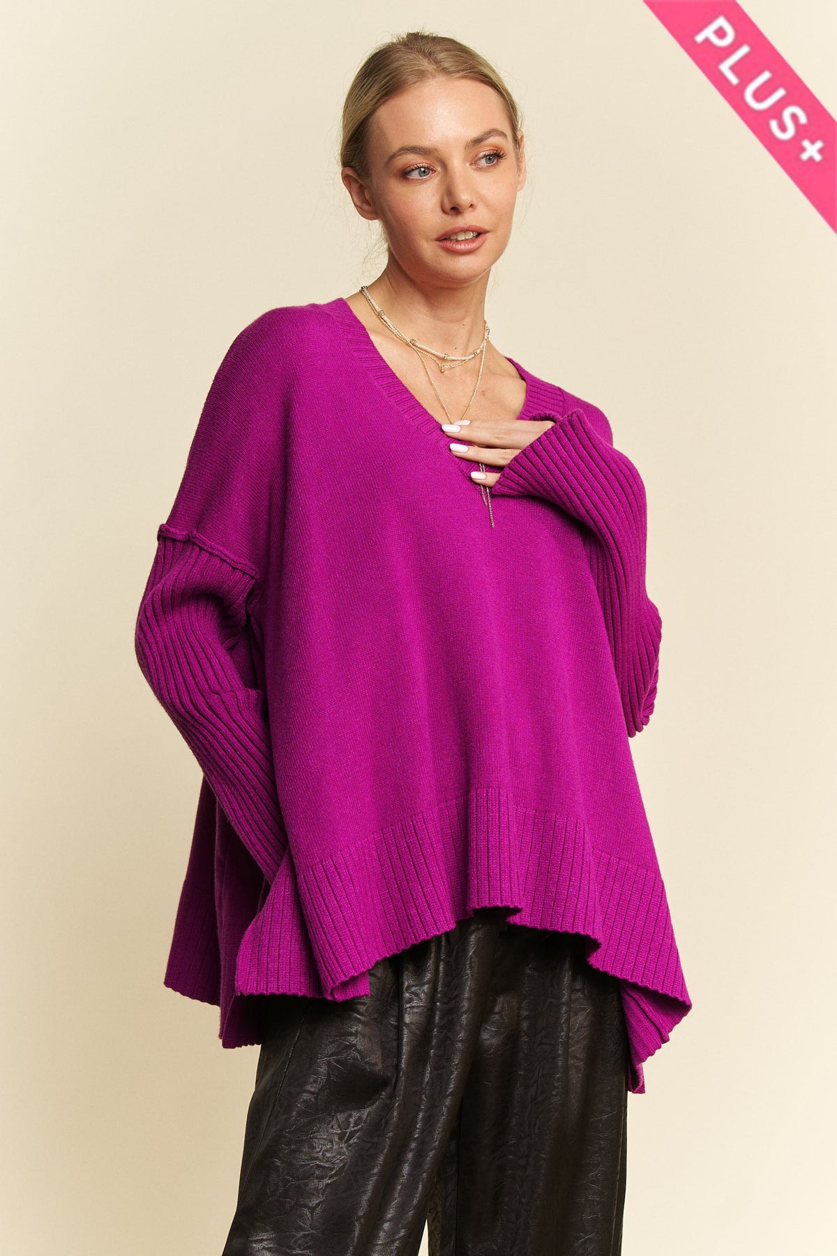 Ribbed Sleeve Oversized Tunic Sweater (1X - 3X)
