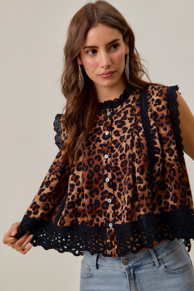 Floral Eyelet Trim Sleeveless Leopard Print Blouse
