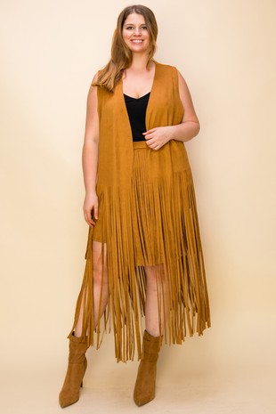 Cowgirl Long Fringe Vest (Camel - 1X - 3X)
