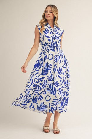 Ruffle Neckline Leaf Print Midi Dress w/ Pockets