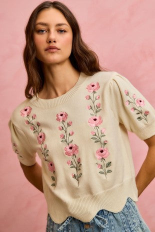 Floral Embroidered Short Sleeve Sweater