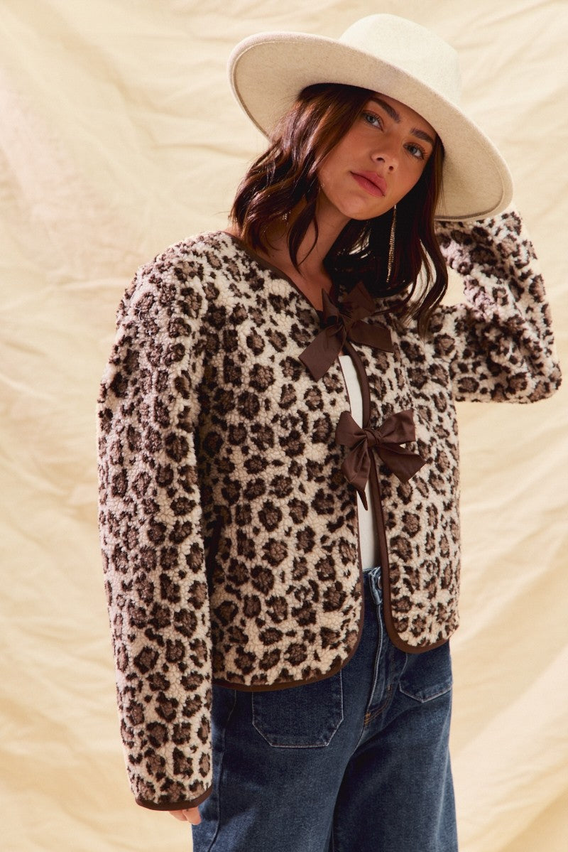 Leopard Sherpa Jacket with Bows
