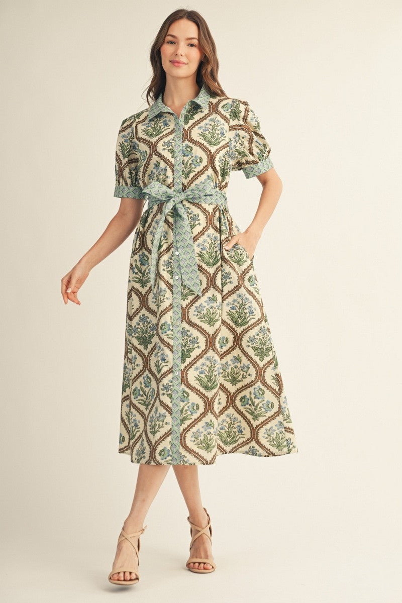 Button Front Tie Waist Floral Print Midi Dress