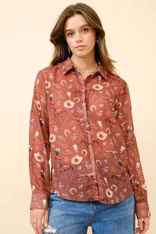Chiffon Western Print Button Up Blouse