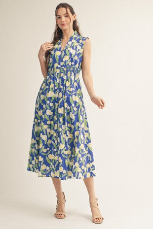 Smocked Waistline Zip Up Floral Midi Dress w/ Pockets