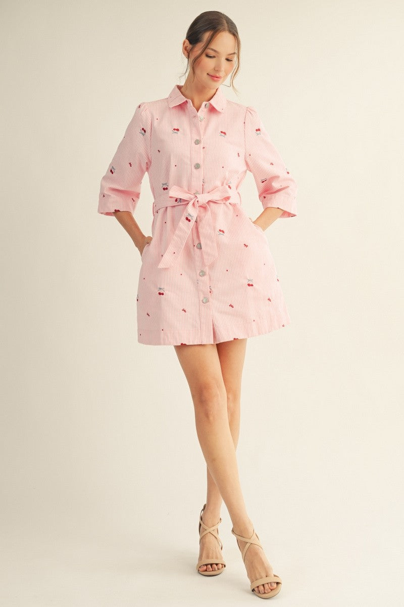 Embroidered Button Front Denim Dress w/ Tie Belt
