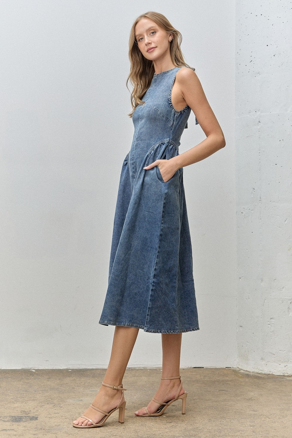 Tie Back Denim Midi Dress w/ Pockets