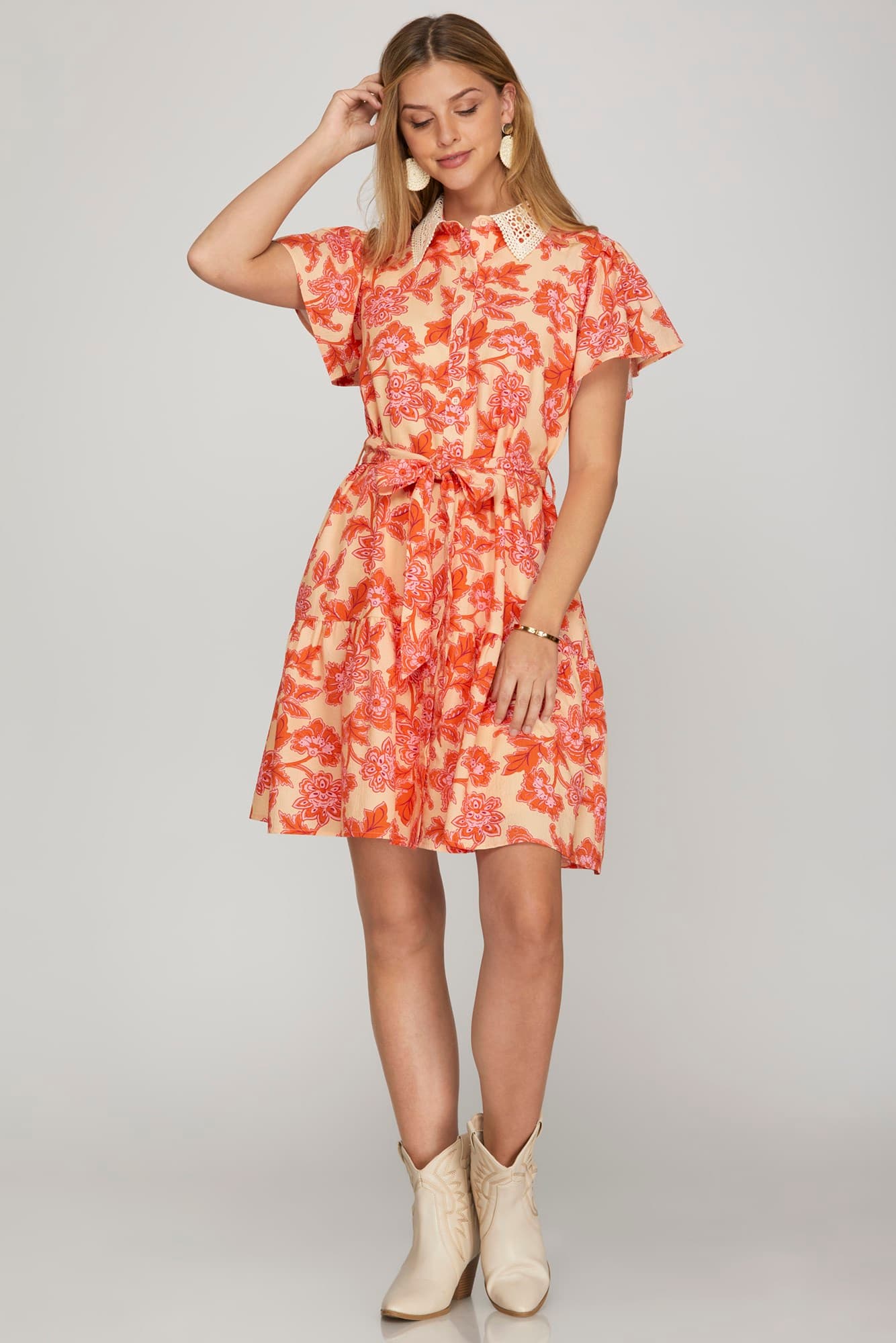 Lace Collar Button Down Flutter Sleeve Dress