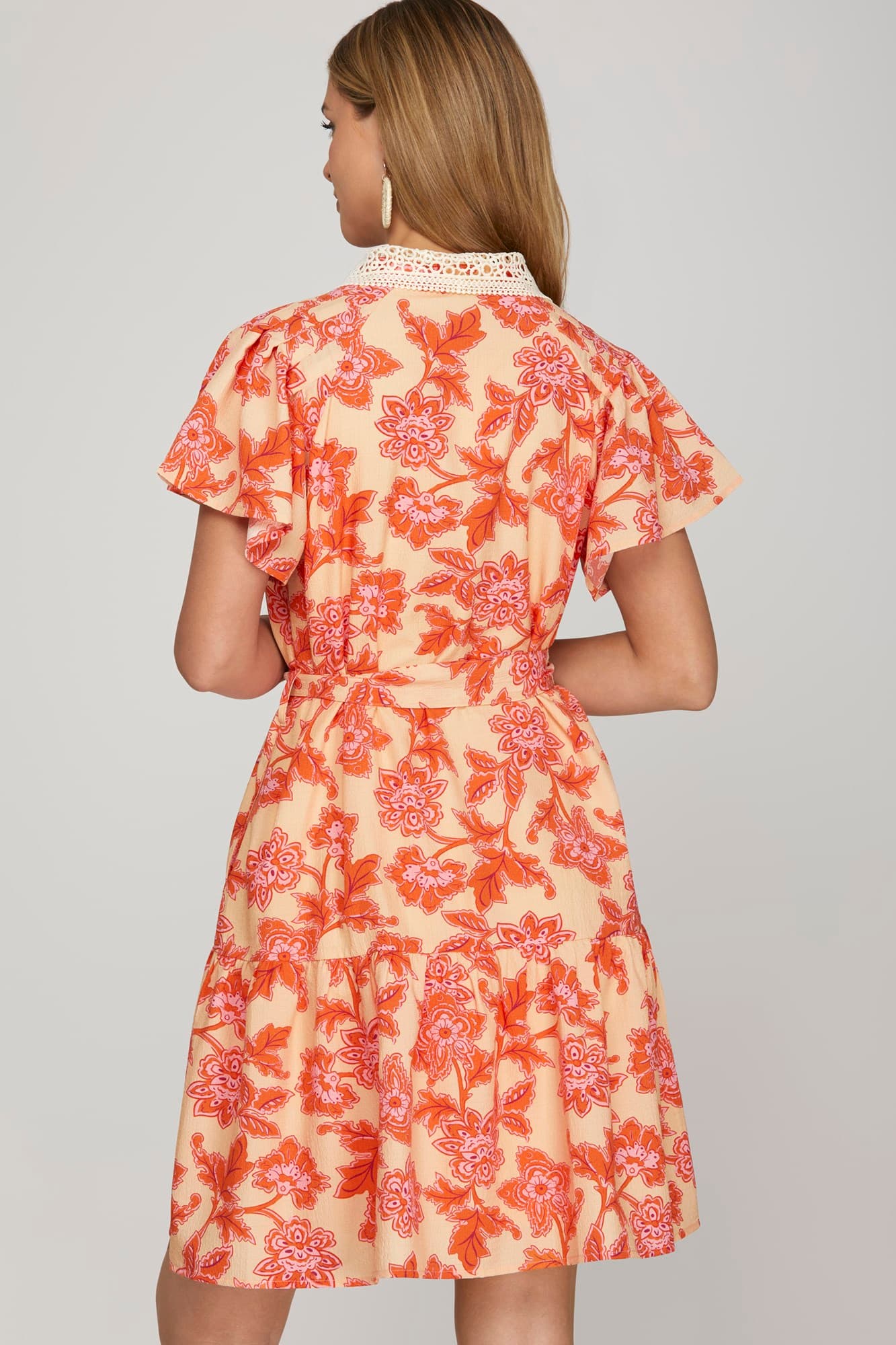 Lace Collar Button Down Flutter Sleeve Dress