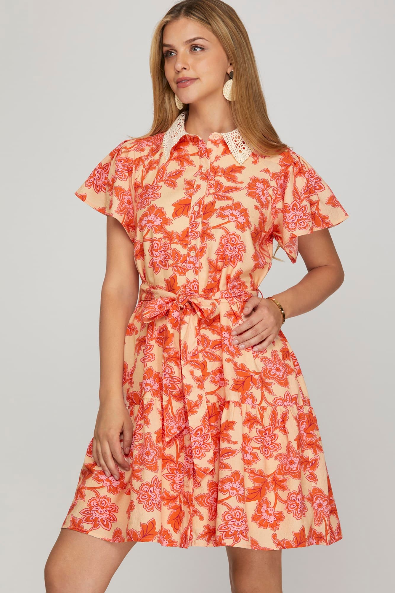 Lace Collar Button Down Flutter Sleeve Dress