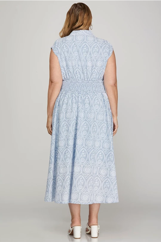 Smocked Waist Zipper Front Eyelet Pattern Midi Dress (XL - 2XL)