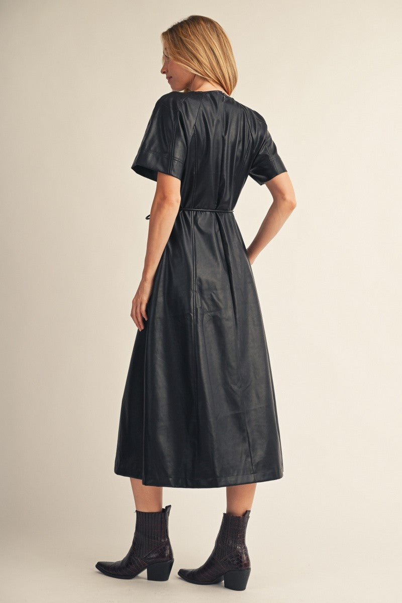 Waist Tie Faux Leather Midi Dress