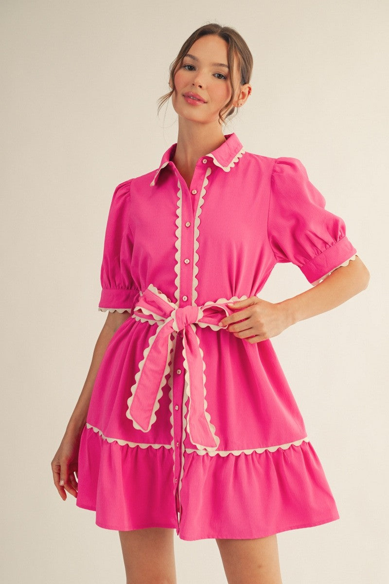 Hot Pink Puff Sleeve Button Front Dress