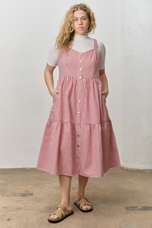 Red Stripe Button Up Midi Dress w/ Pockets (1X - 3X)