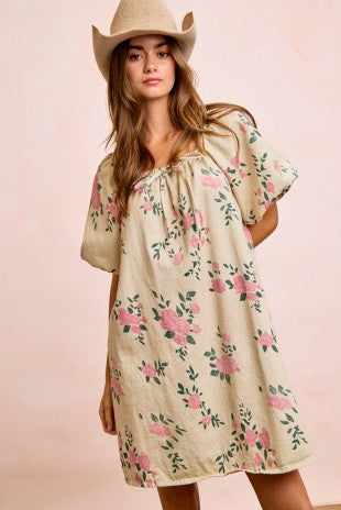 Square Neck Floral Print Denim Dress