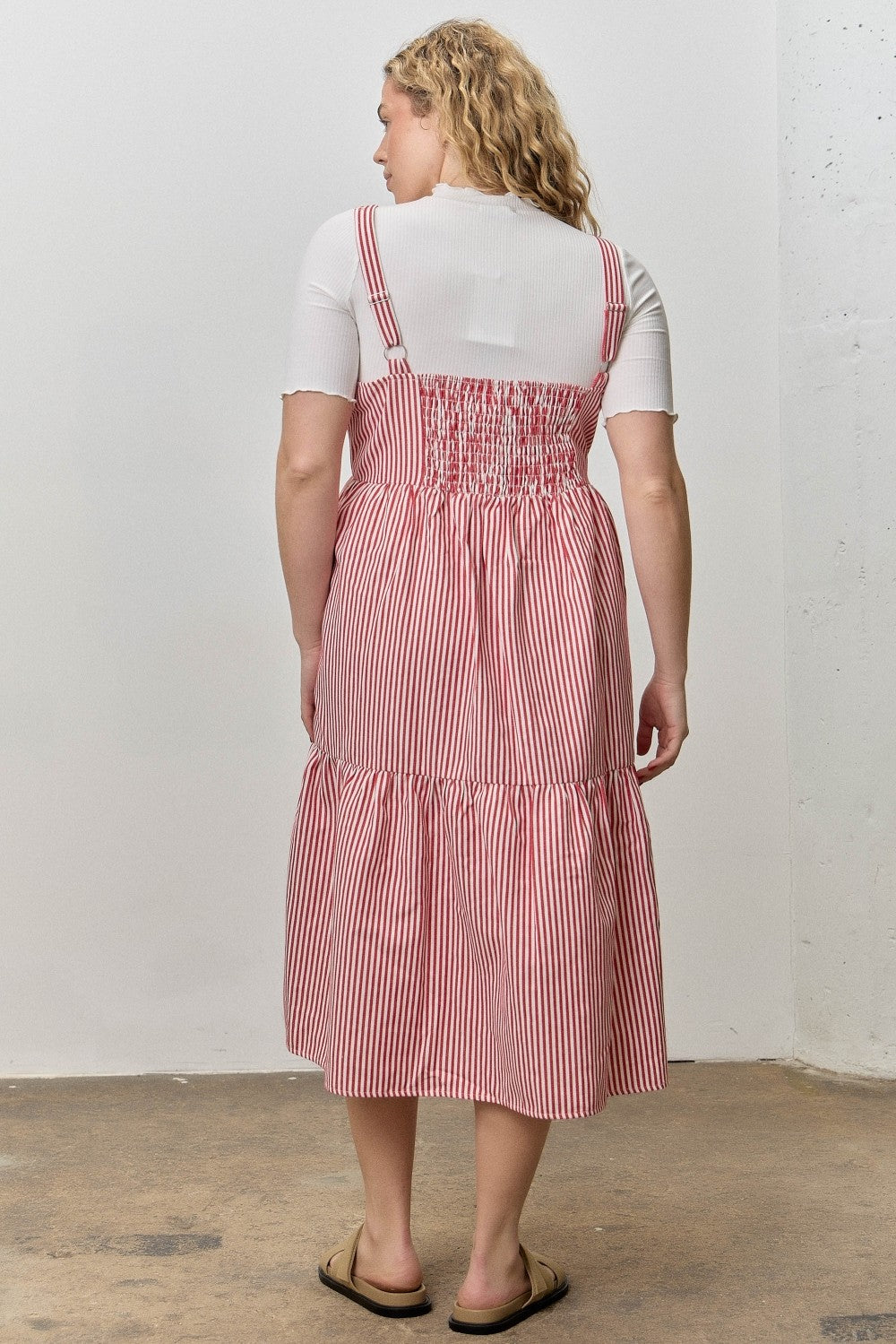 Red Stripe Button Up Midi Dress w/ Pockets (1X - 3X)