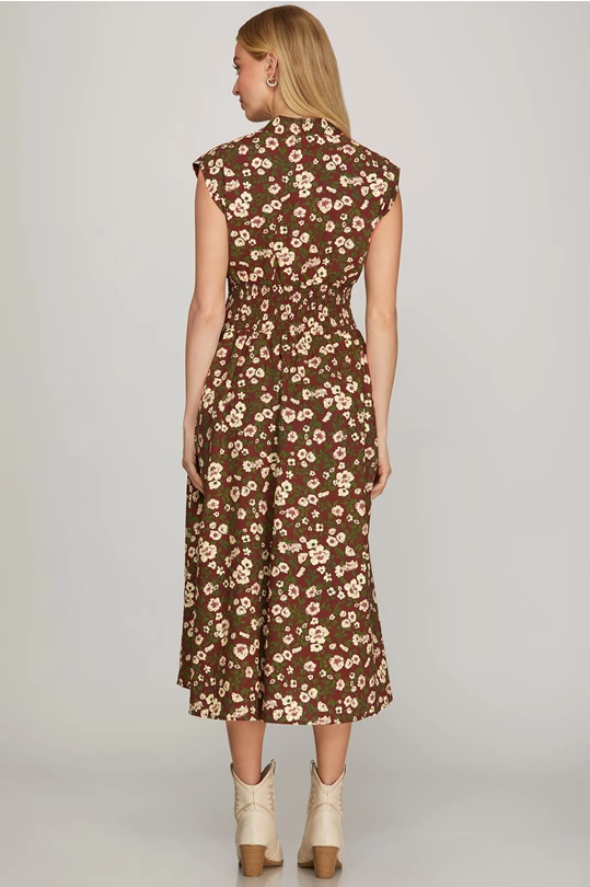 Smocked Waist Zipper Front Midi Dress (Wine w/ Floral Print | S - L)