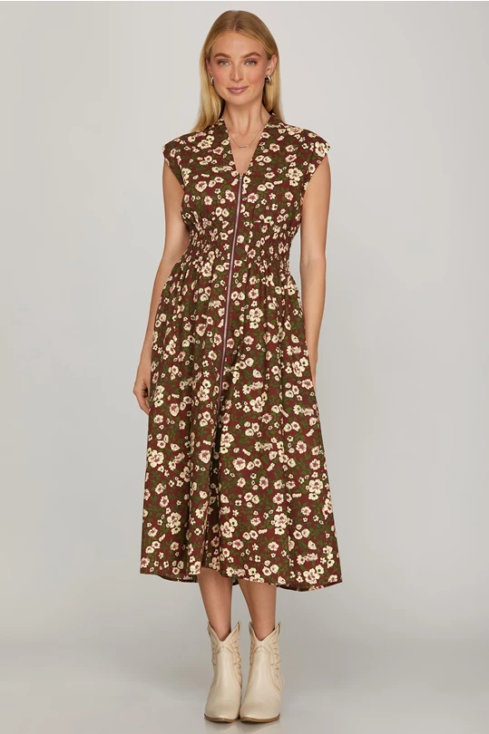 Smocked Waist Zipper Front Midi Dress (Wine w/ Floral Print | S - L)