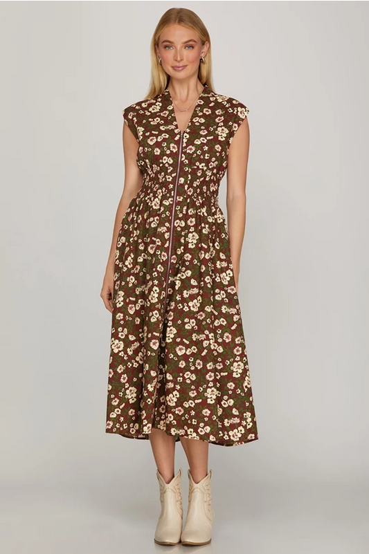 Smocked Waist Zipper Front Midi Dress (Wine w/ Floral Print | S - L)