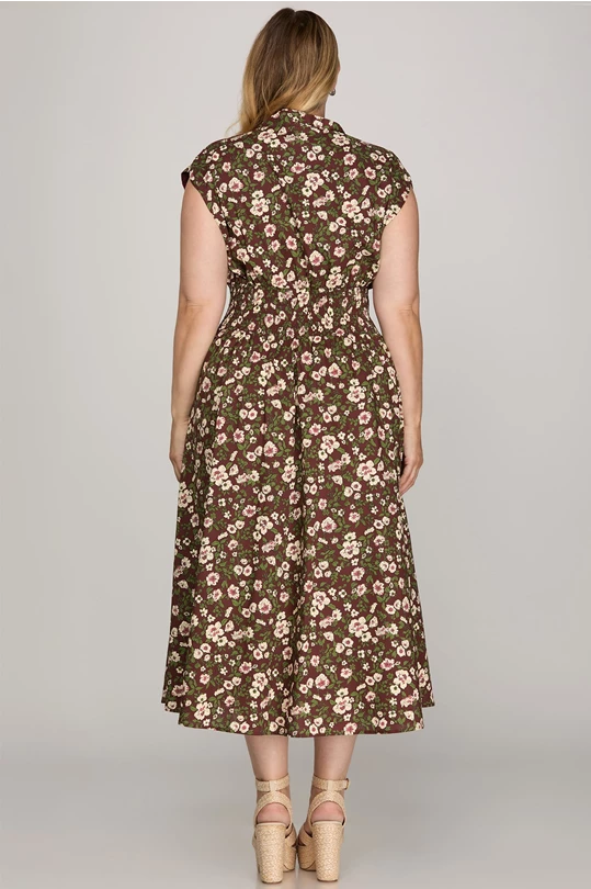 Smocked Waist Zipper Front Midi Dress (Wine w/ Floral Print | XL - 2XL)