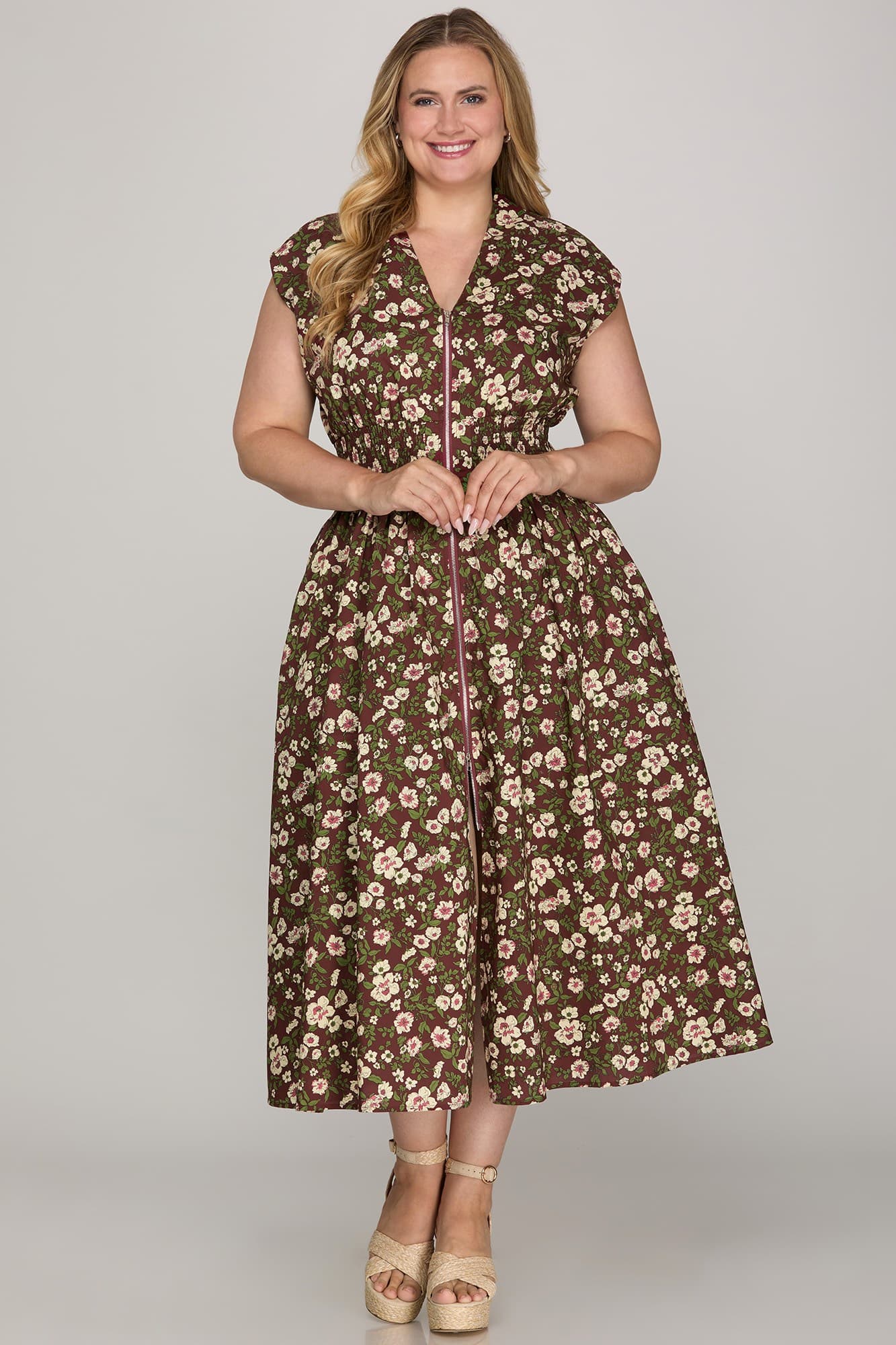 Smocked Waist Zipper Front Midi Dress (Wine w/ Floral Print | XL - 2XL)