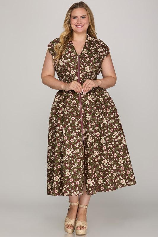 Smocked Waist Zipper Front Midi Dress (Wine w/ Floral Print | XL - 2XL)