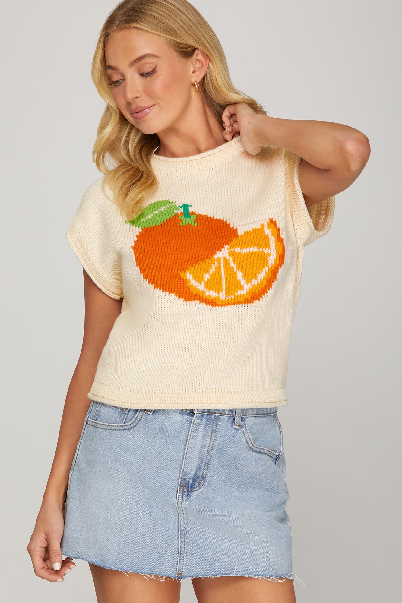 Orange Knit Short Sleeve Sweater