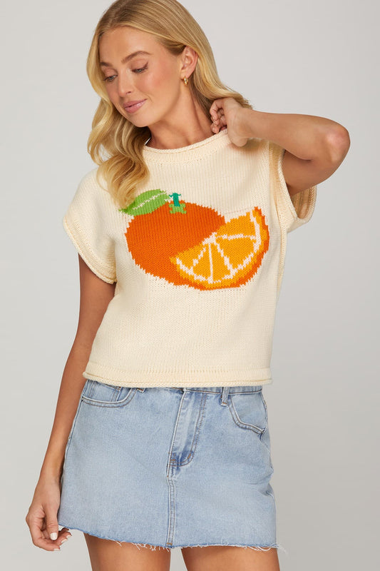 Orange Knit Short Sleeve Sweater