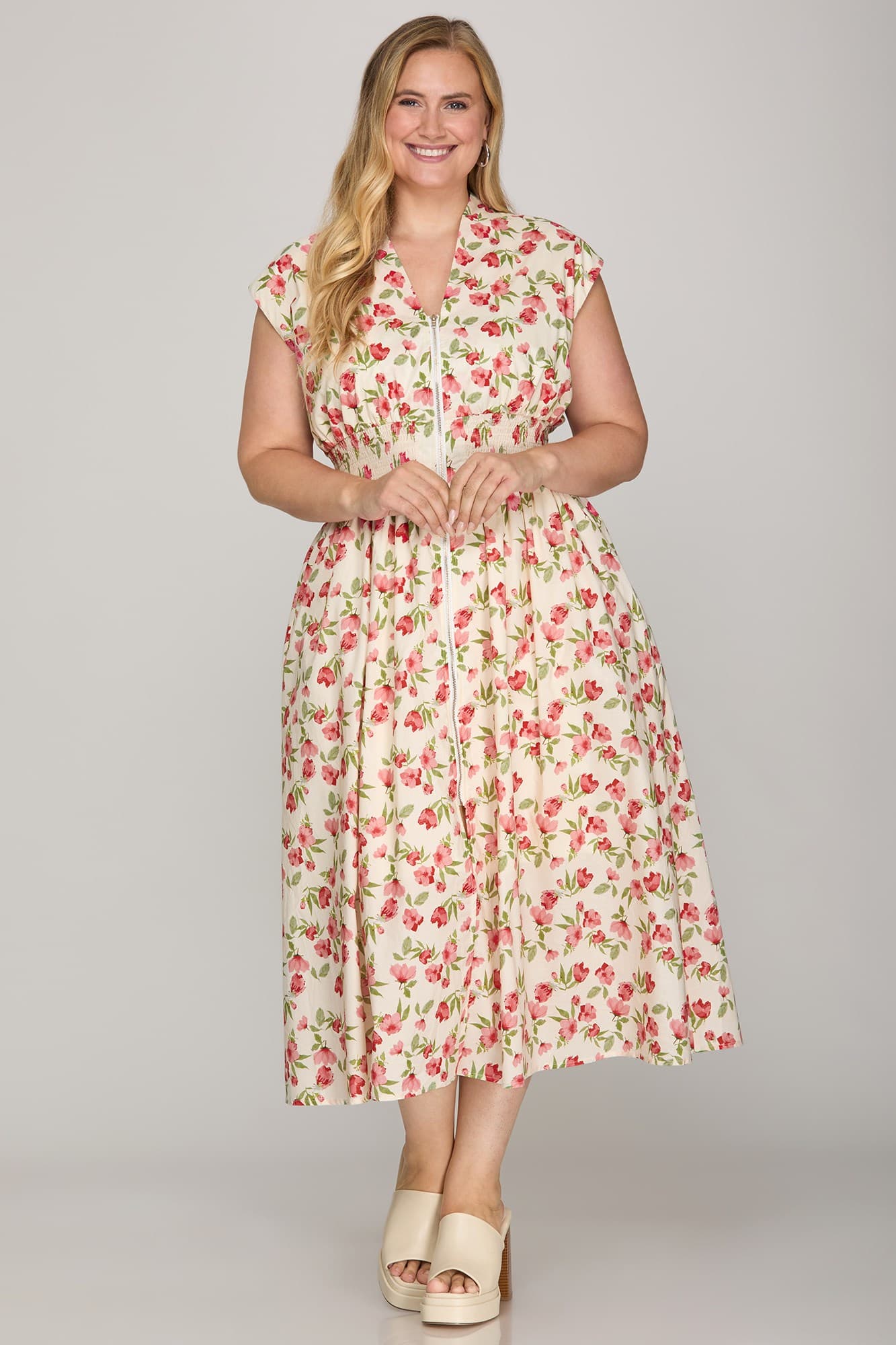 Smocked Waist Front Zip Midi Dress w/ Pockets (XL - 2XL)