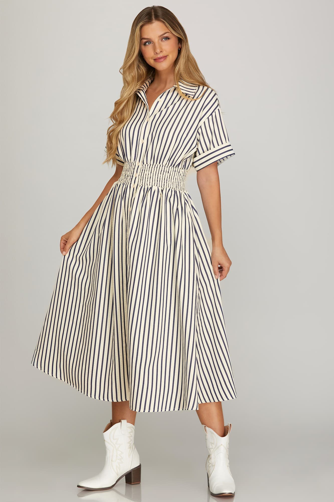 Short Sleeve Smocked Waist Navy Stripe Midi Dress (S - 2XL)