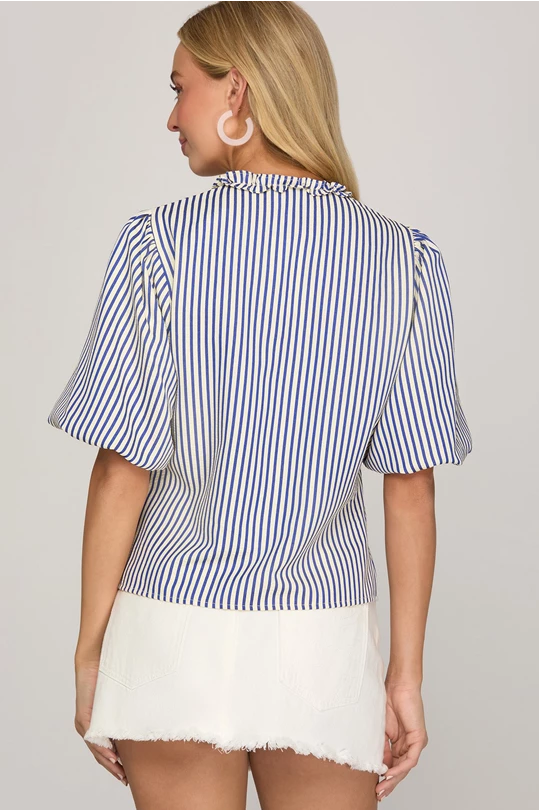 Puff Sleeve Ruffled Front Tie Striped Top
