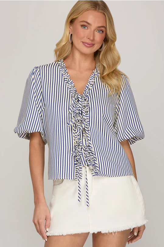 Puff Sleeve Ruffled Front Tie Striped Top