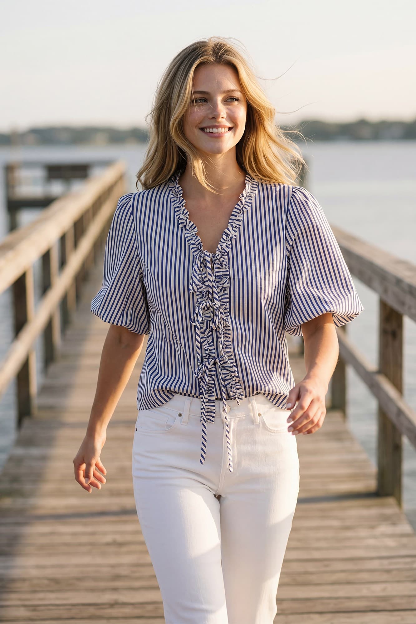 Puff Sleeve Ruffled Front Tie Striped Top