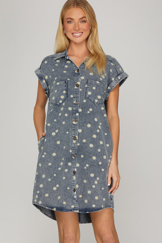 Daisy Print Denim Shirt Dress