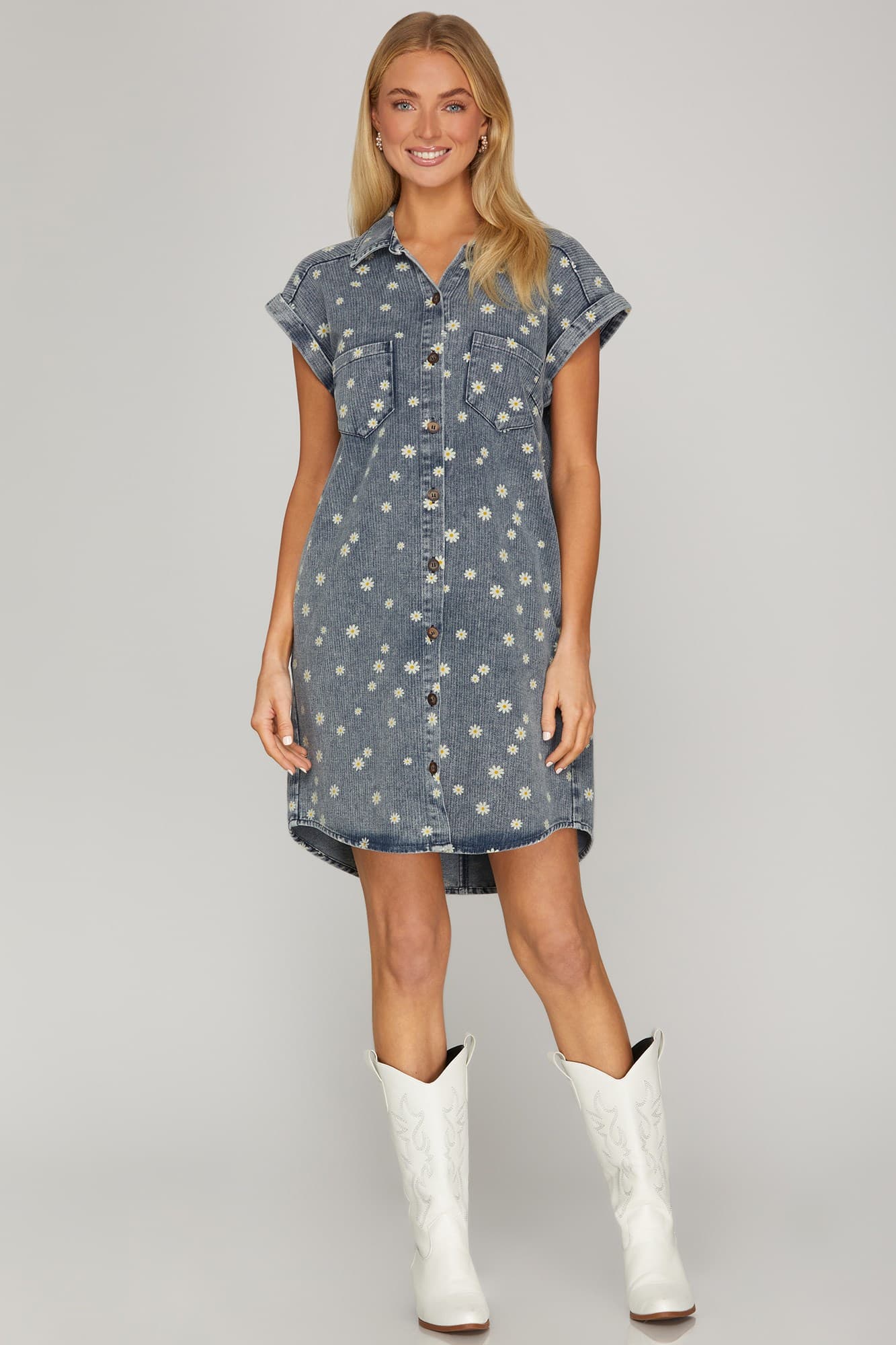 Daisy Print Denim Shirt Dress