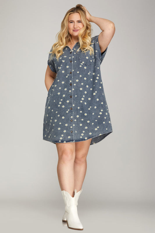 Daisy Print Denim Shirt Dress (XL - 2XL)