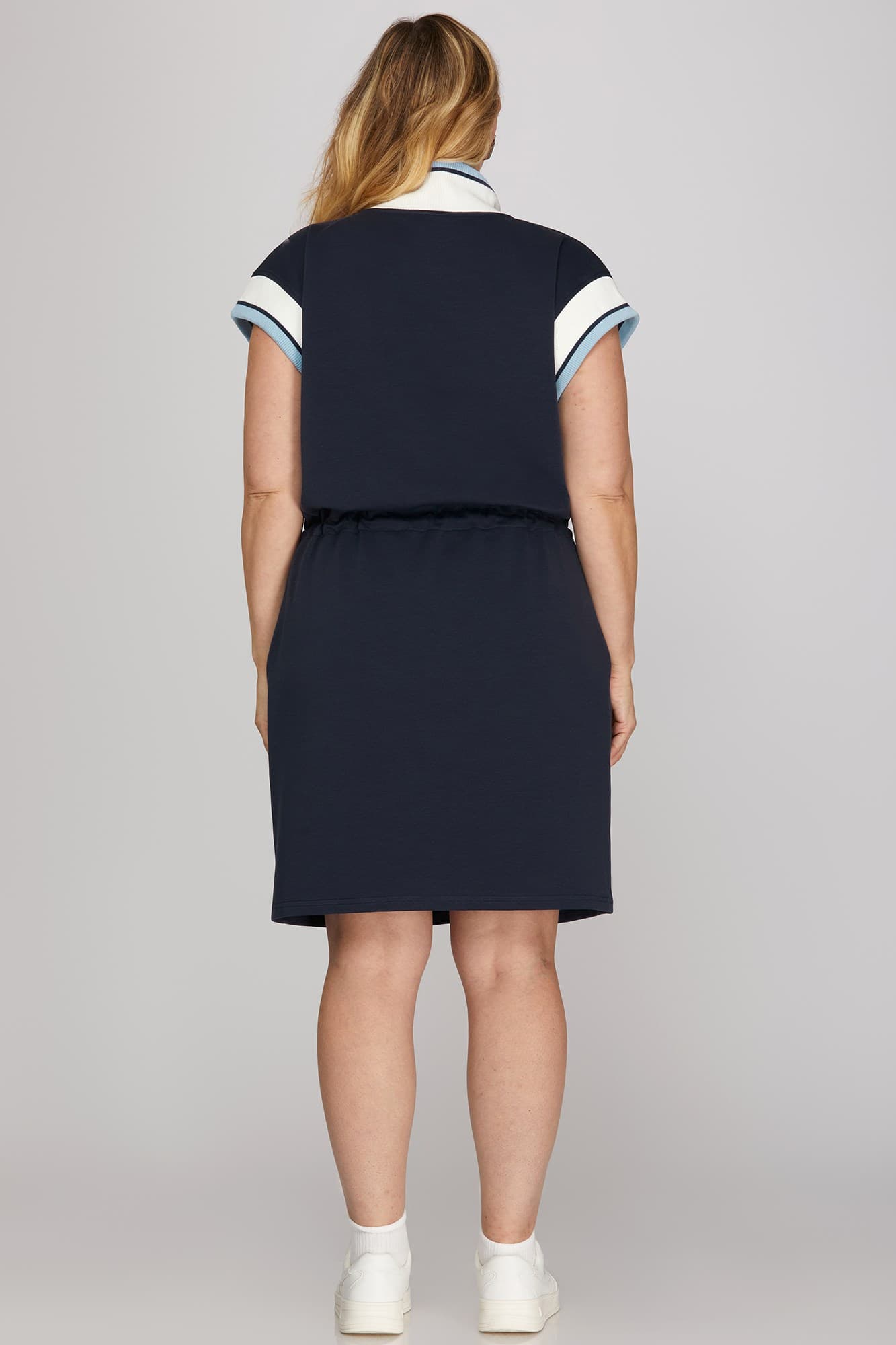 Contrast Band Drawstring Waist Casual Dress w/ Pockets (XL - 2XL)