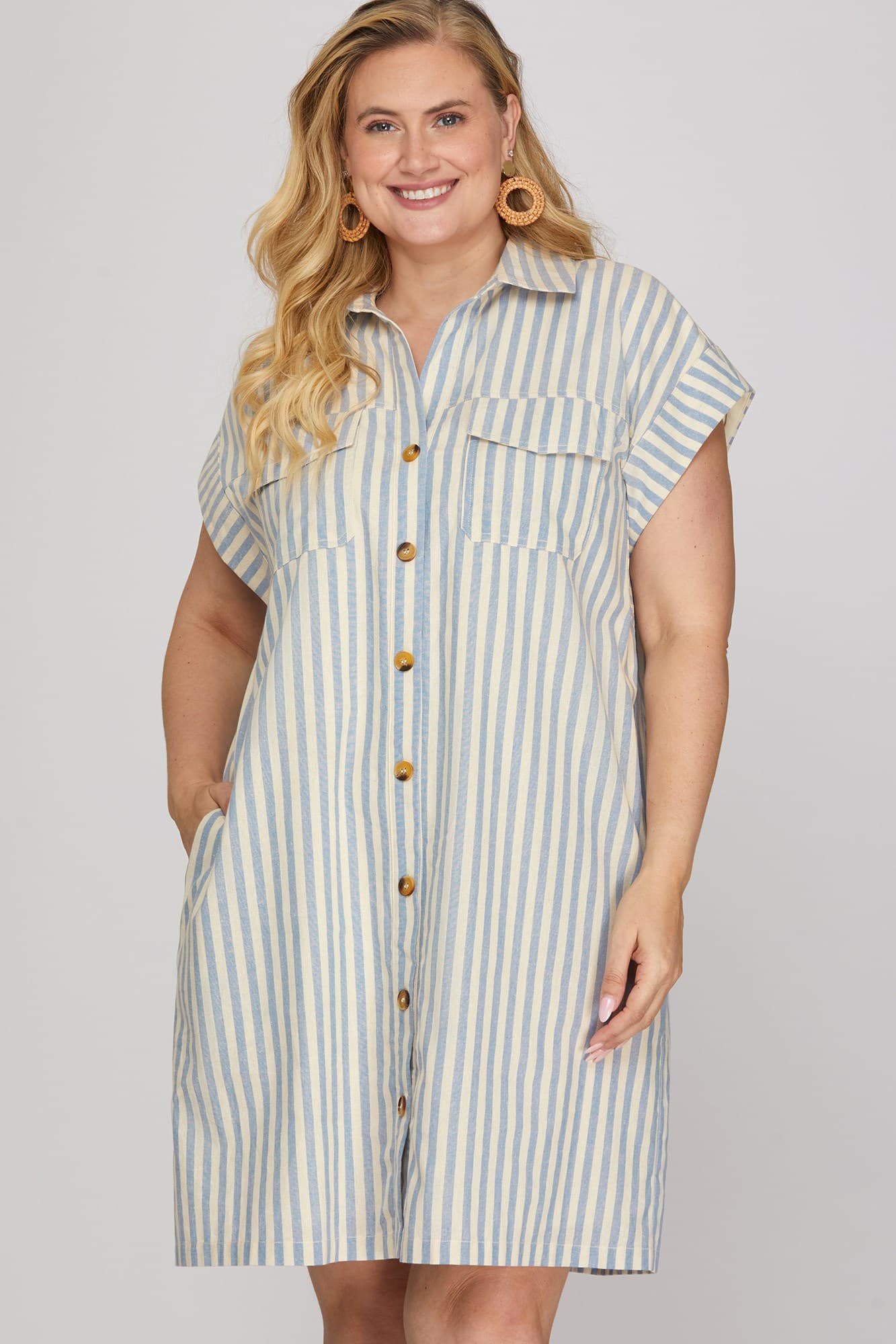 Short Sleeve Striped Shirt Dress w/ Pockets (XL - 2XL)