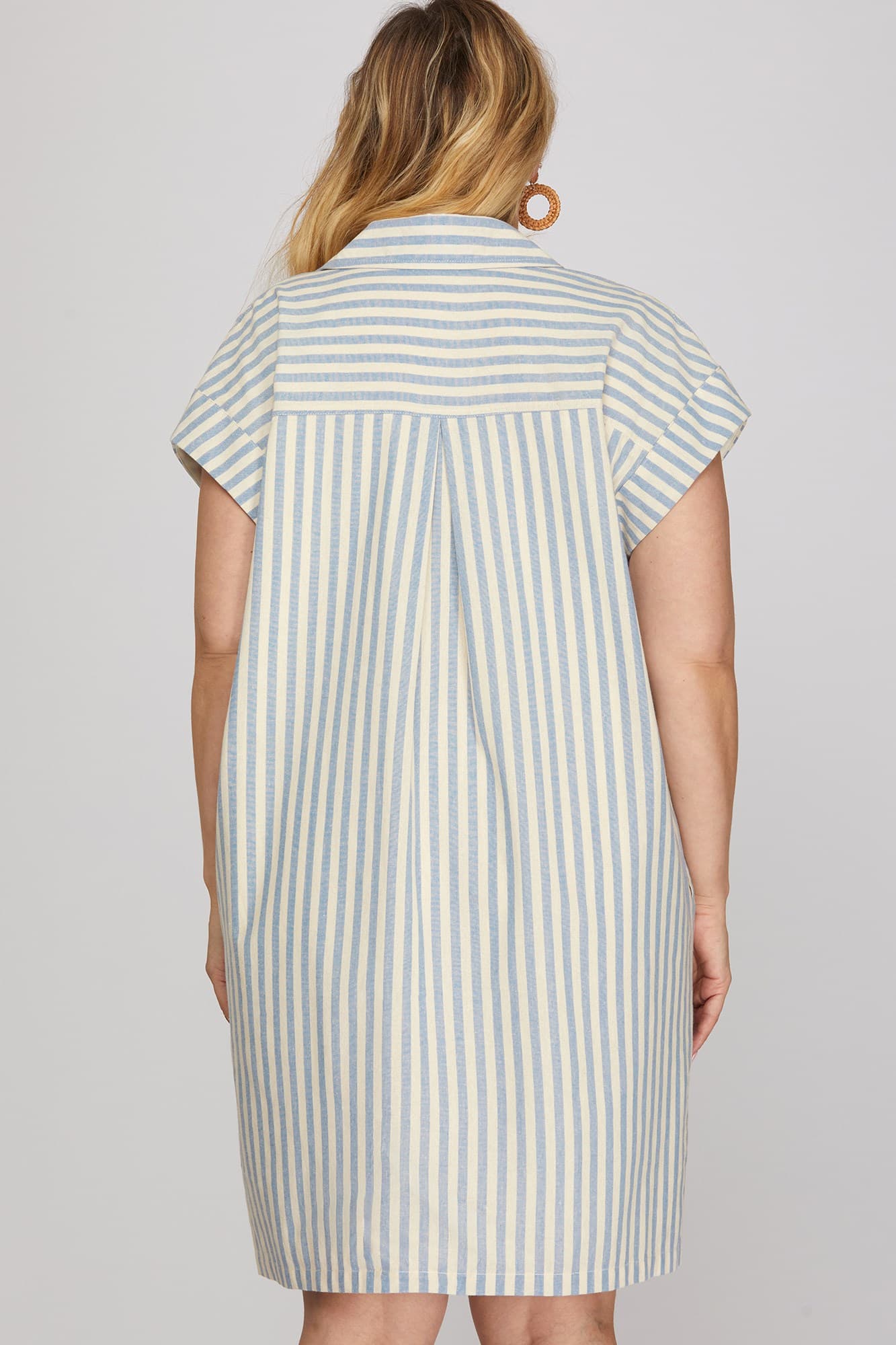 Short Sleeve Striped Shirt Dress w/ Pockets (XL - 2XL)