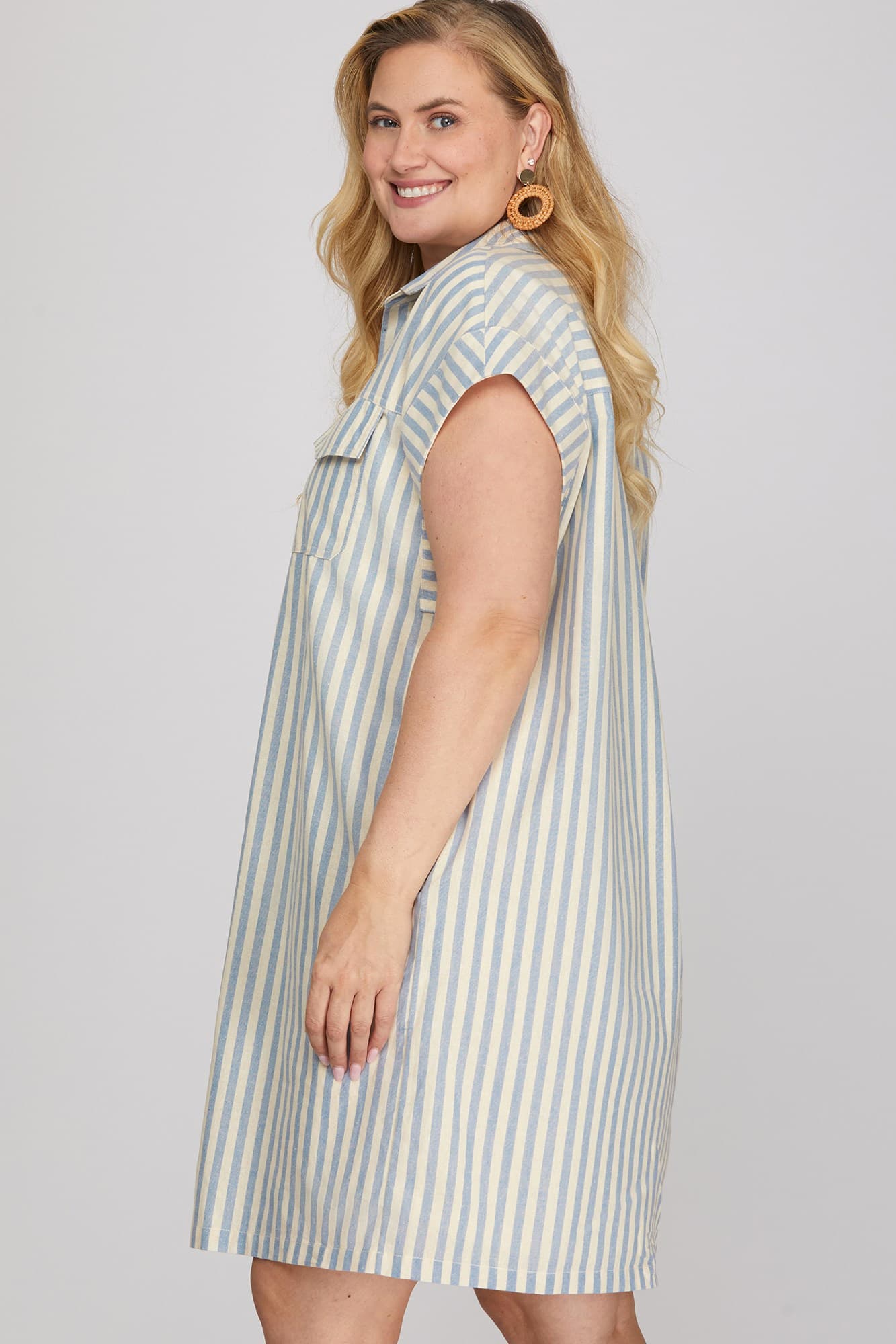 Short Sleeve Striped Shirt Dress w/ Pockets (XL - 2XL)