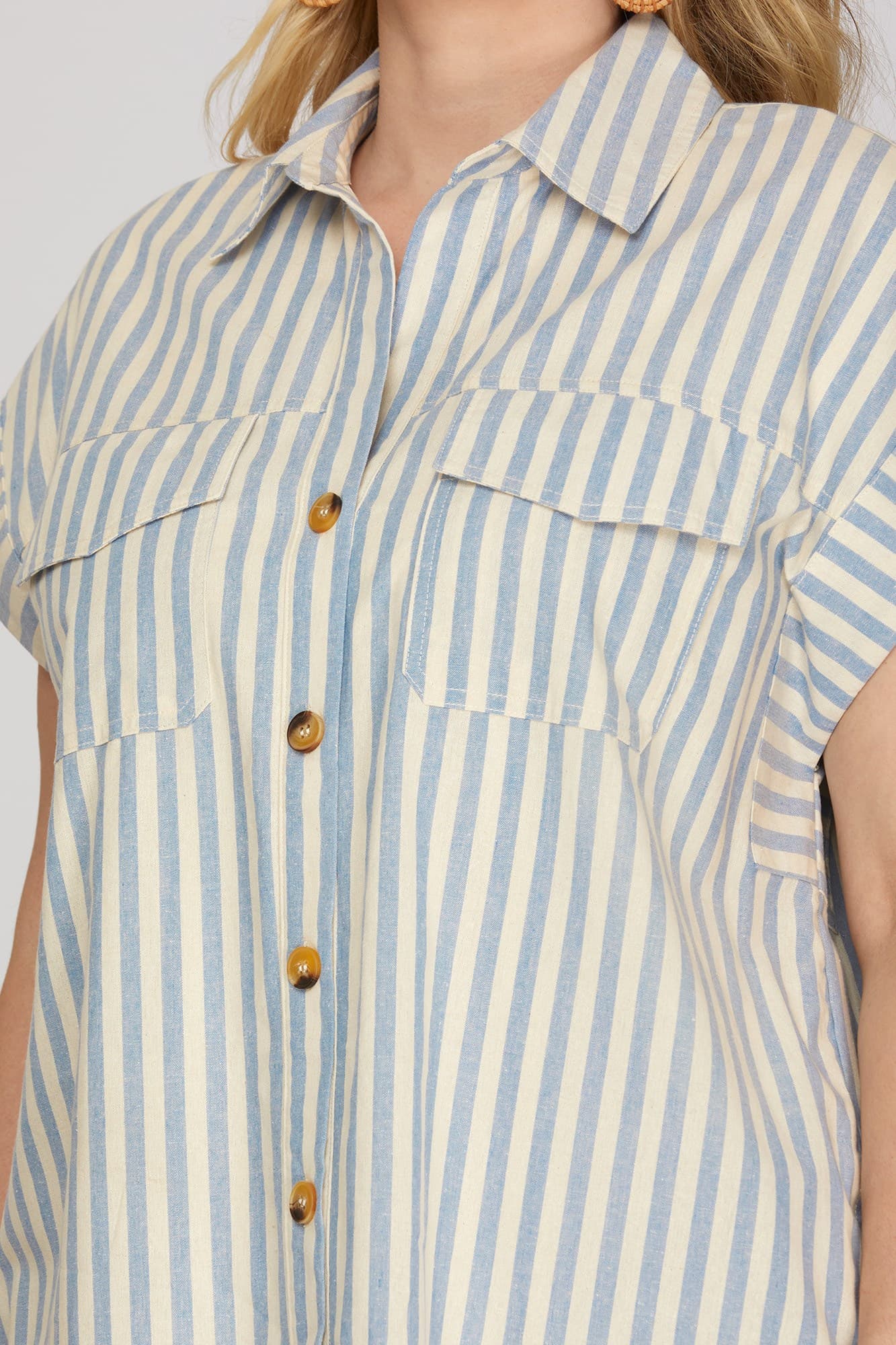 Short Sleeve Striped Shirt Dress w/ Pockets (XL - 2XL)