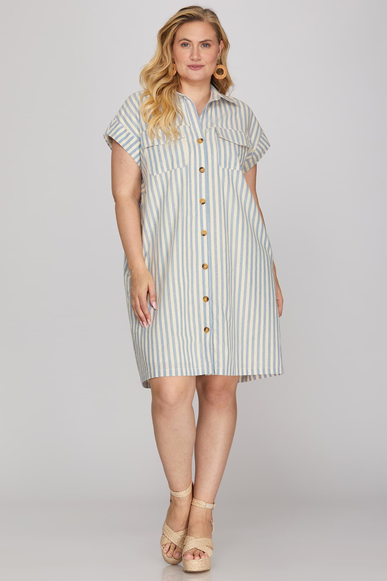 Short Sleeve Striped Shirt Dress w/ Pockets (XL - 2XL)
