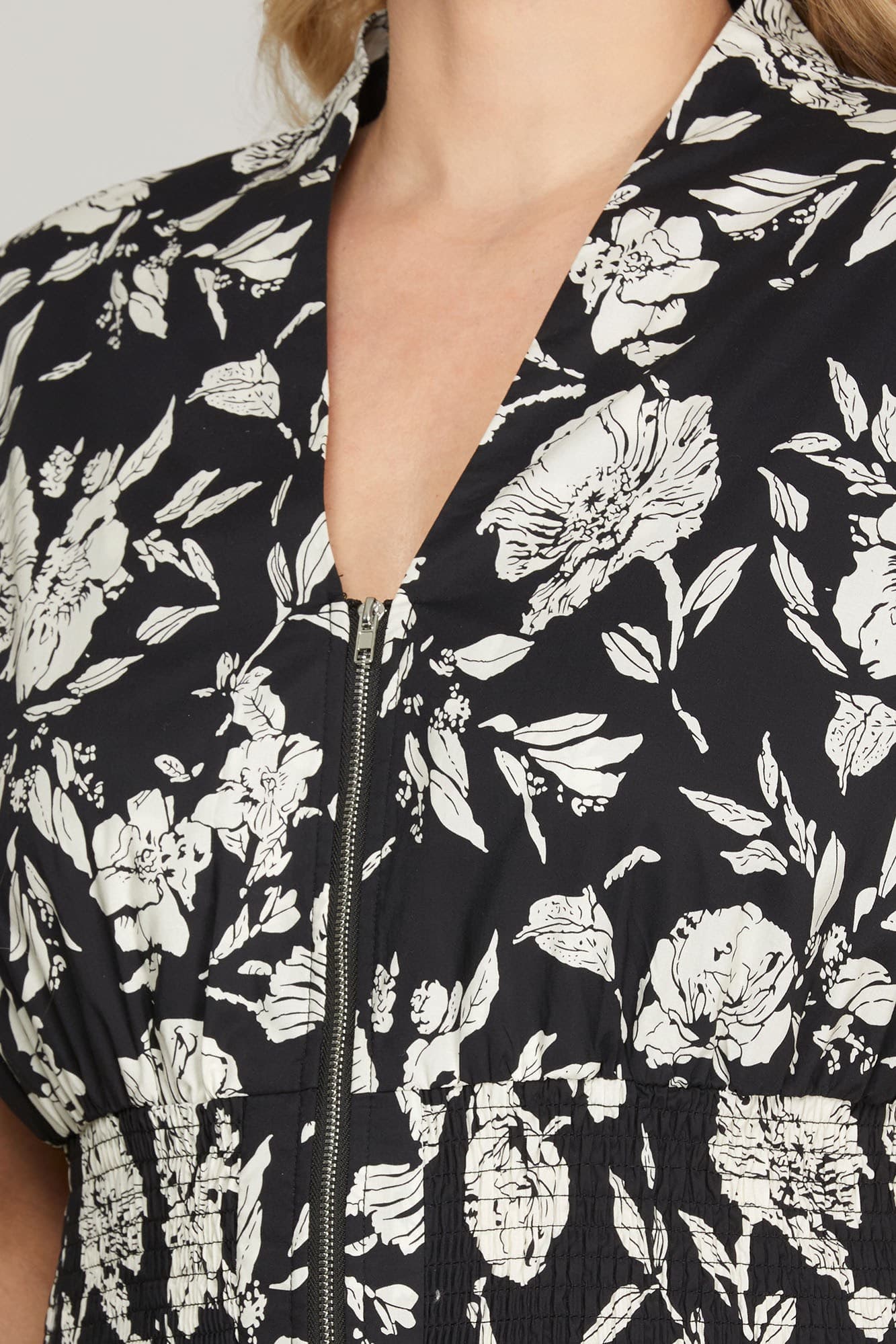 Smocked Waist Front Zip Printed Top (XL - 2XL)