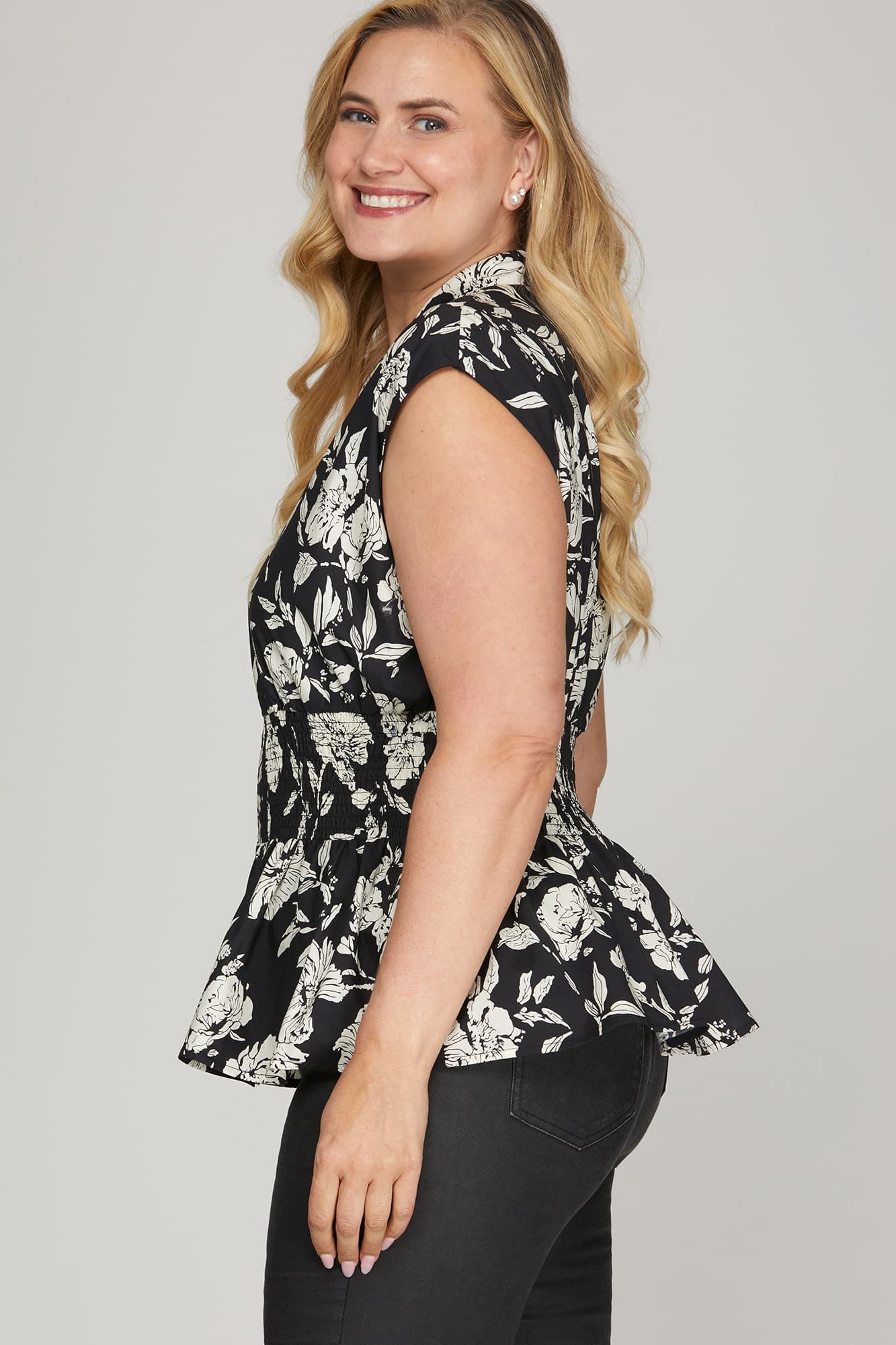 Smocked Waist Front Zip Printed Top (XL - 2XL)