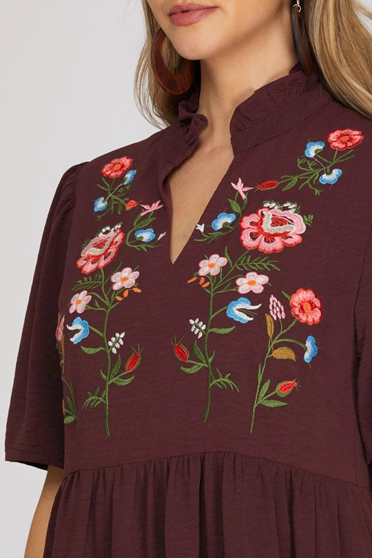 Short Sleeve Woven Embroidered Dress w/ Pockets