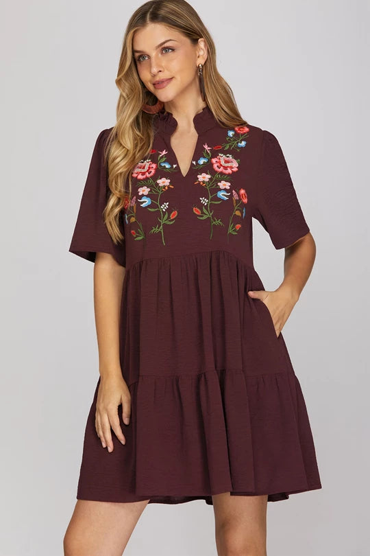Short Sleeve Woven Embroidered Dress w/ Pockets
