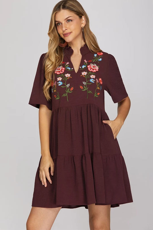 Short Sleeve Woven Embroidered Dress w/ Pockets