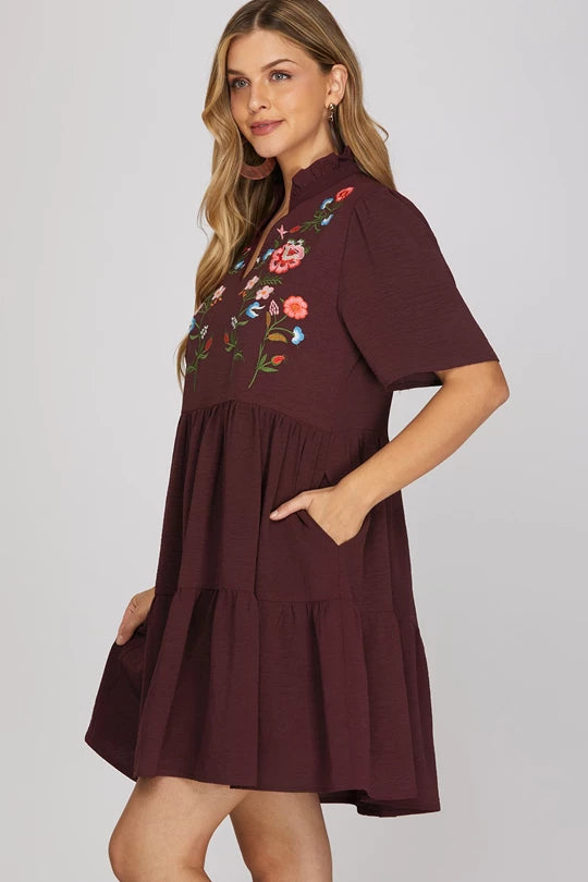 Short Sleeve Woven Embroidered Dress w/ Pockets