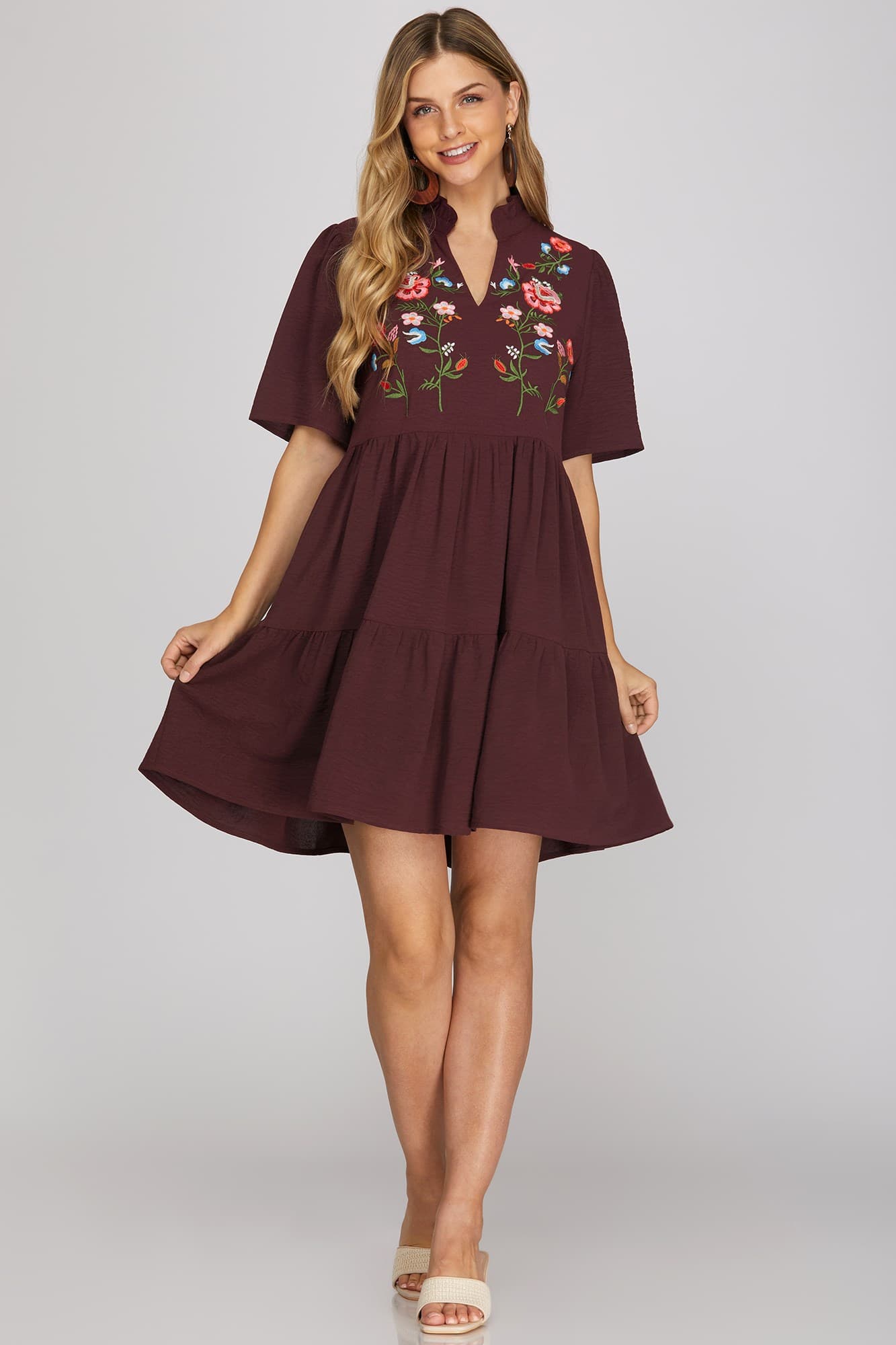 Short Sleeve Woven Embroidered Dress w/ Pockets