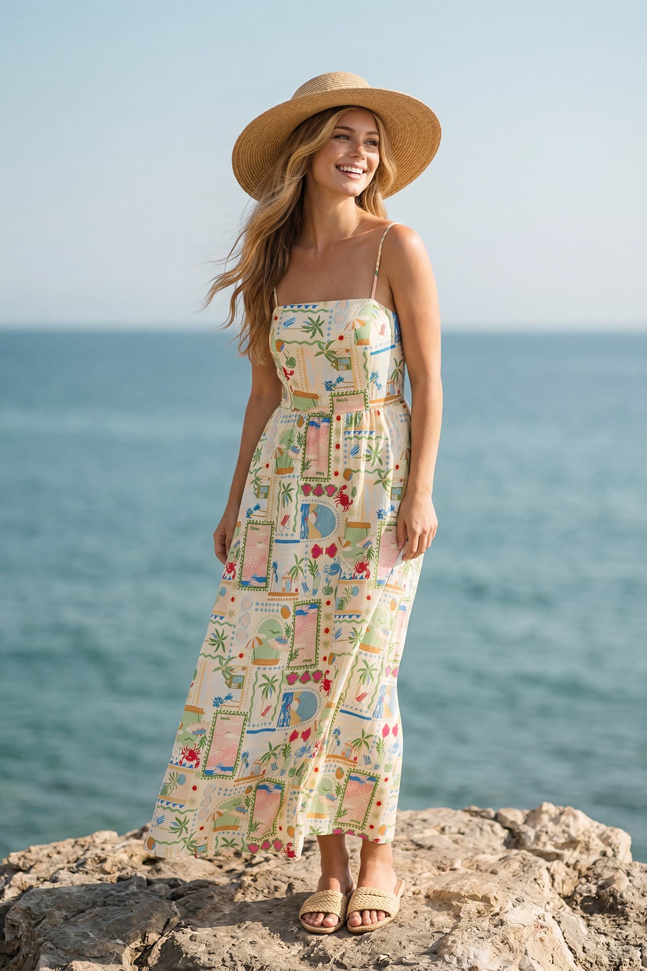 Beachy Postcard Spaghetti Strap Maxi Dress